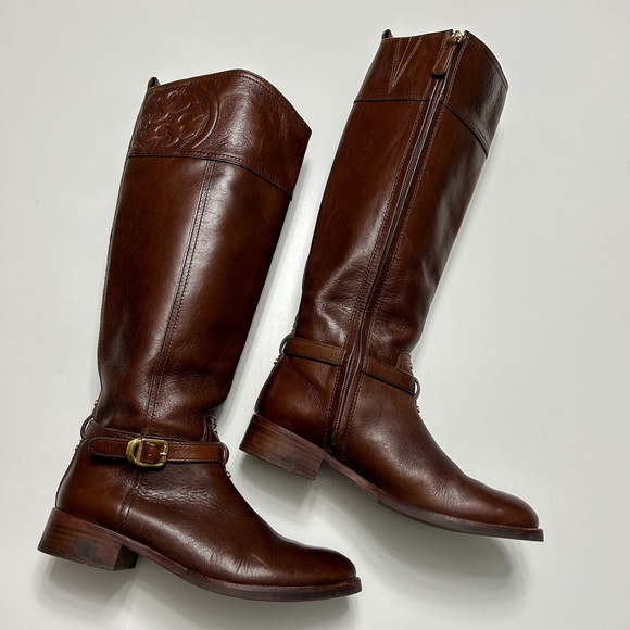 Tory Burch Shoes - Tory Burch Logo Marlene Brown Leather Zip Up Tall Riding Boots Size 7M